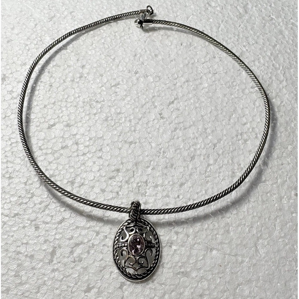 Y2K Silver Tone Rope Collar Necklace Pink Cabochon Filigree Pendant Extender